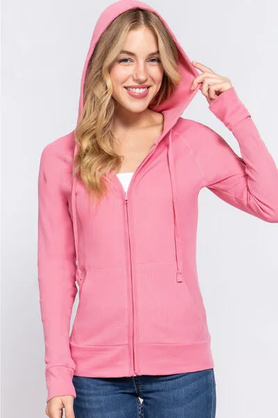 Active Basic Waffle Knit Drawstring Zip Up Long Sleeve Hoodie