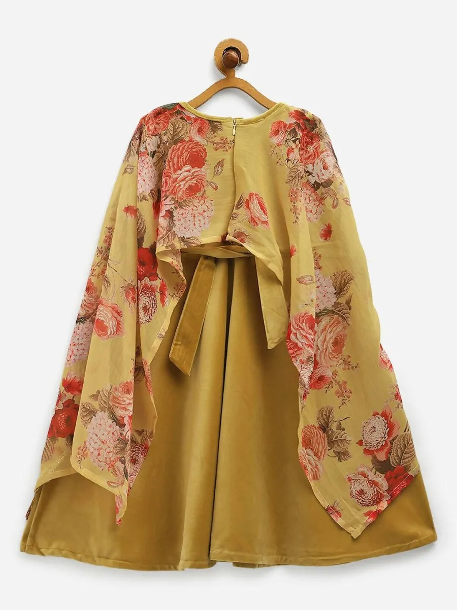 Ahalyaa Mustard Velvet Kids Dress With Attached Dupatta For Girls