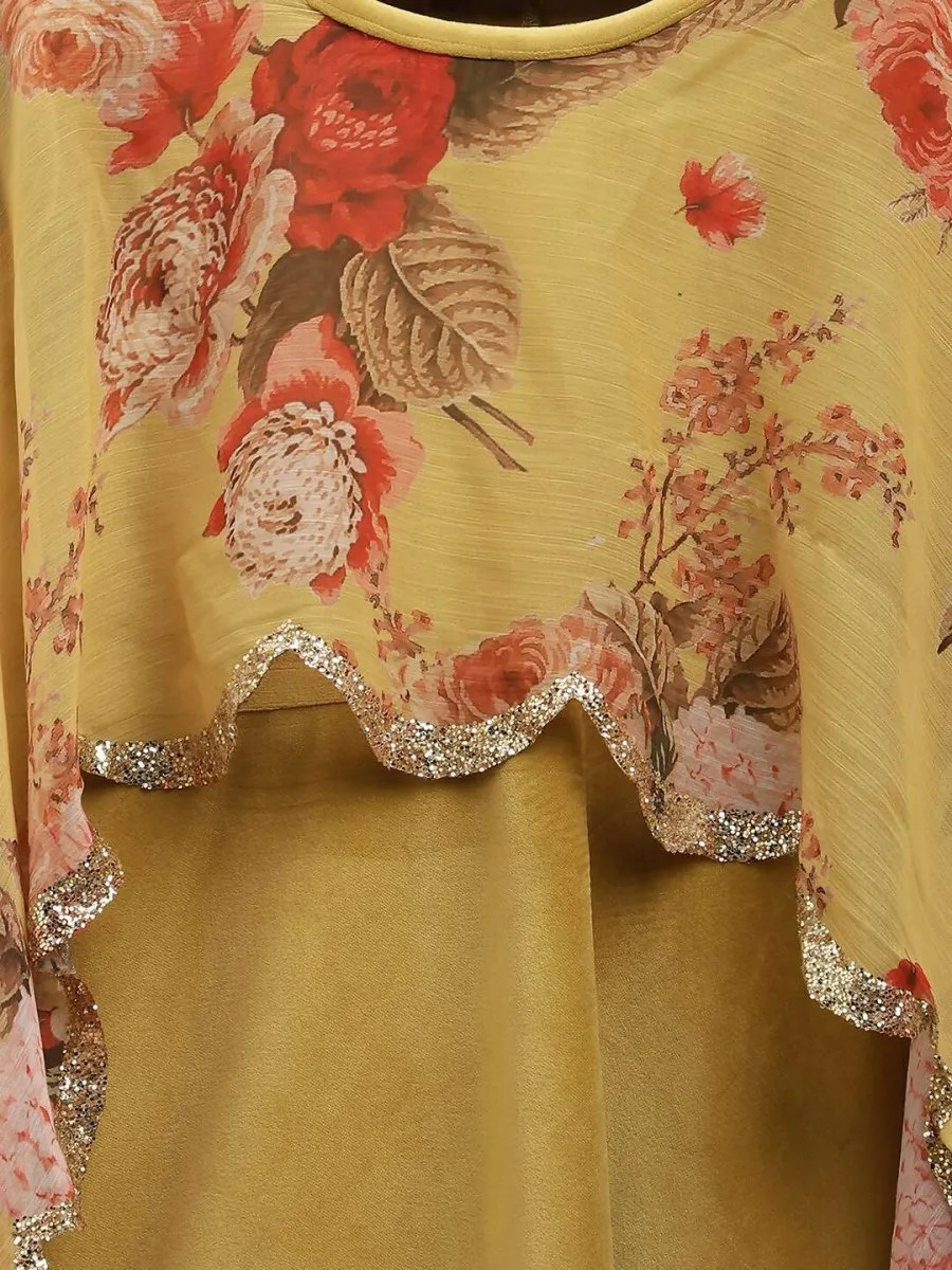 Ahalyaa Mustard Velvet Kids Dress With Attached Dupatta For Girls