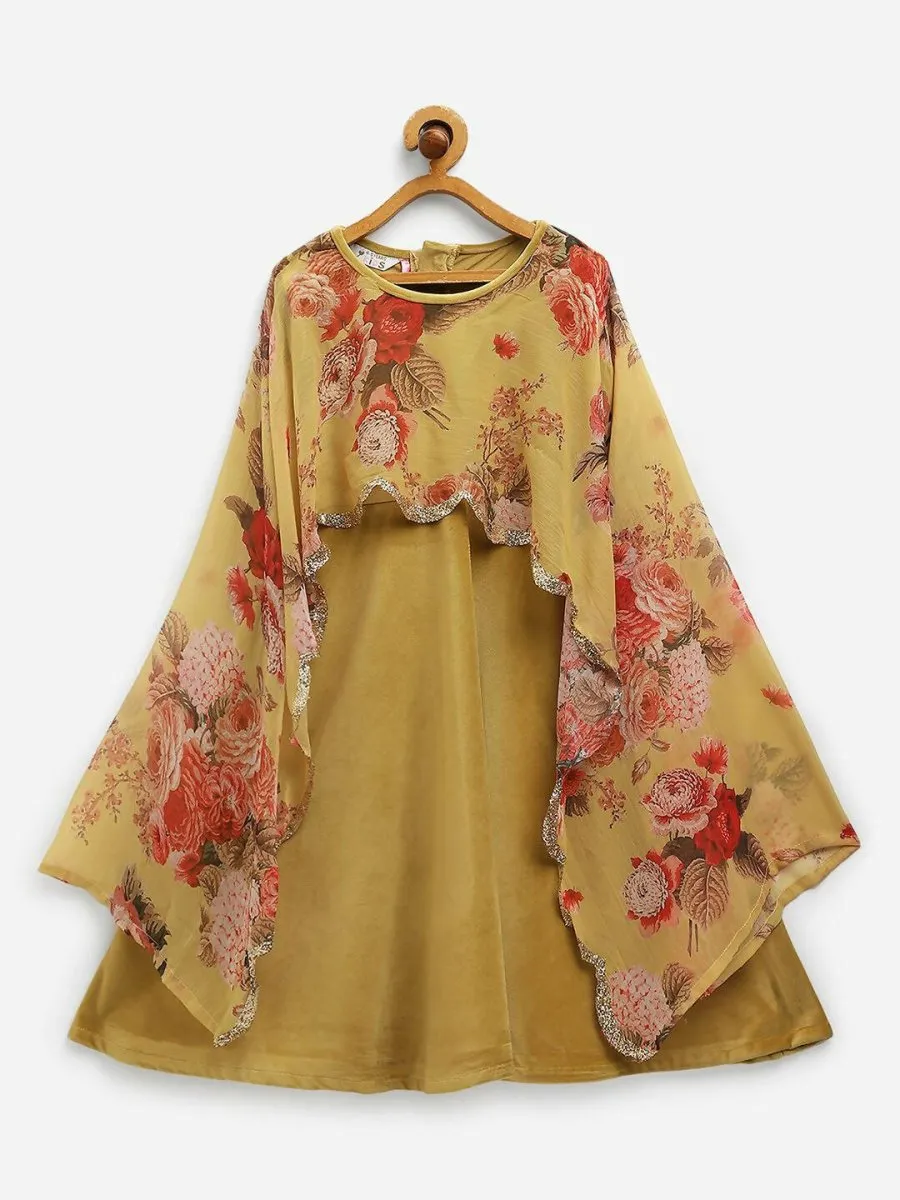 Ahalyaa Mustard Velvet Kids Dress With Attached Dupatta For Girls