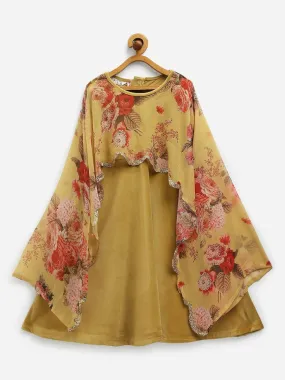 Ahalyaa Mustard Velvet Kids Dress With Attached Dupatta For Girls