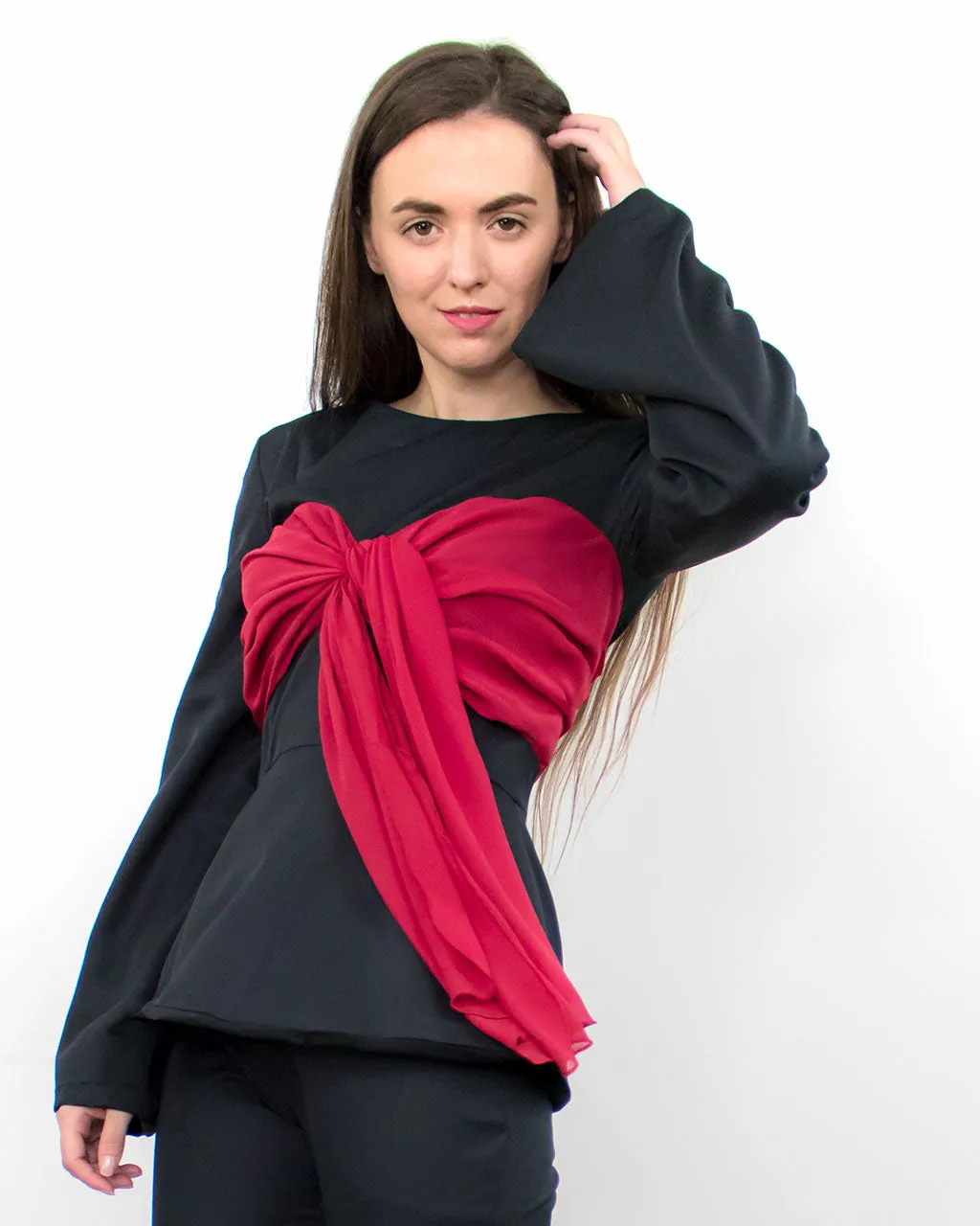 Annes Black Peplum Blouse with Bow