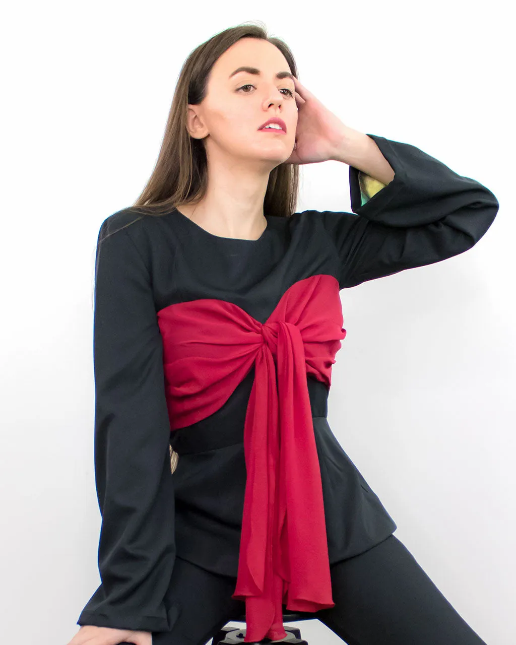 Annes Black Peplum Blouse with Bow