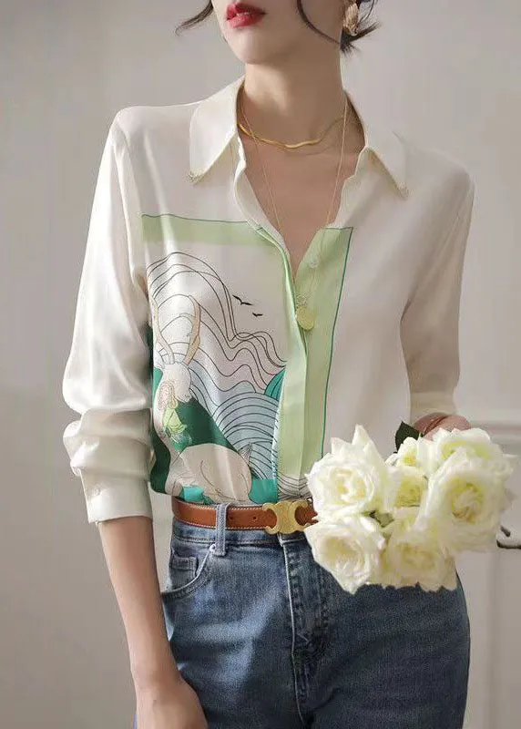 Art White Peter Pan Collar Print Chiffon Shirt Tops Spring LY0047