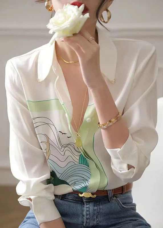 Art White Peter Pan Collar Print Chiffon Shirt Tops Spring LY0047