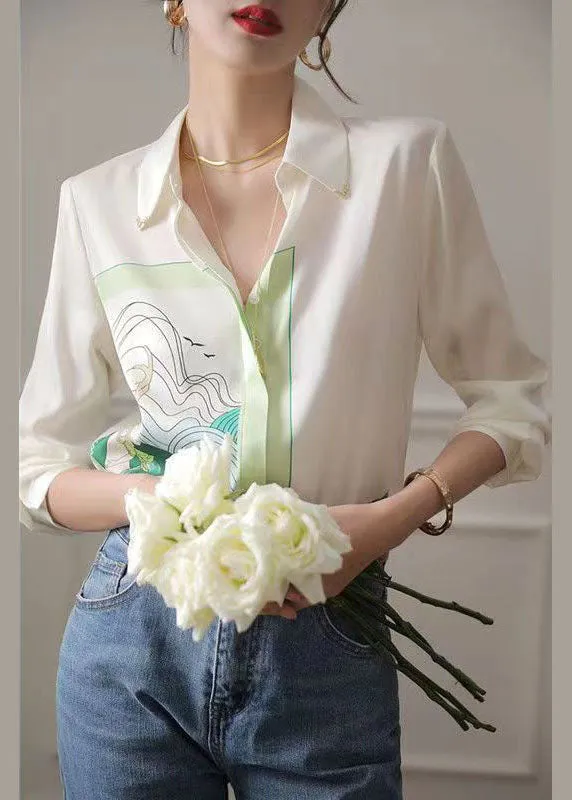 Art White Peter Pan Collar Print Chiffon Shirt Tops Spring LY0047