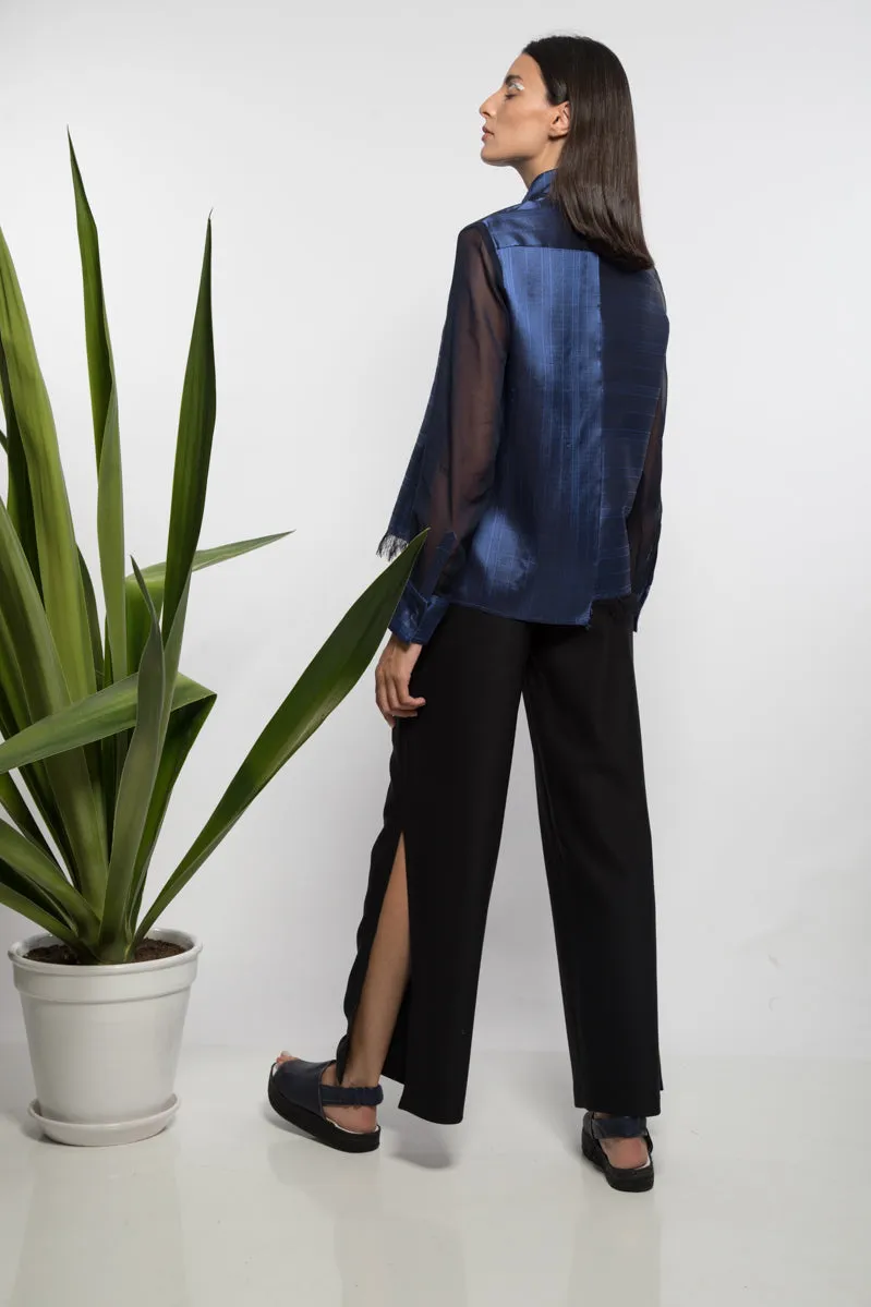 Asymmetrical mandarin shirt with organza sleeve