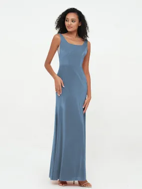 Bateau Neck Mermaid Long Velvet Dresses Slate Blue