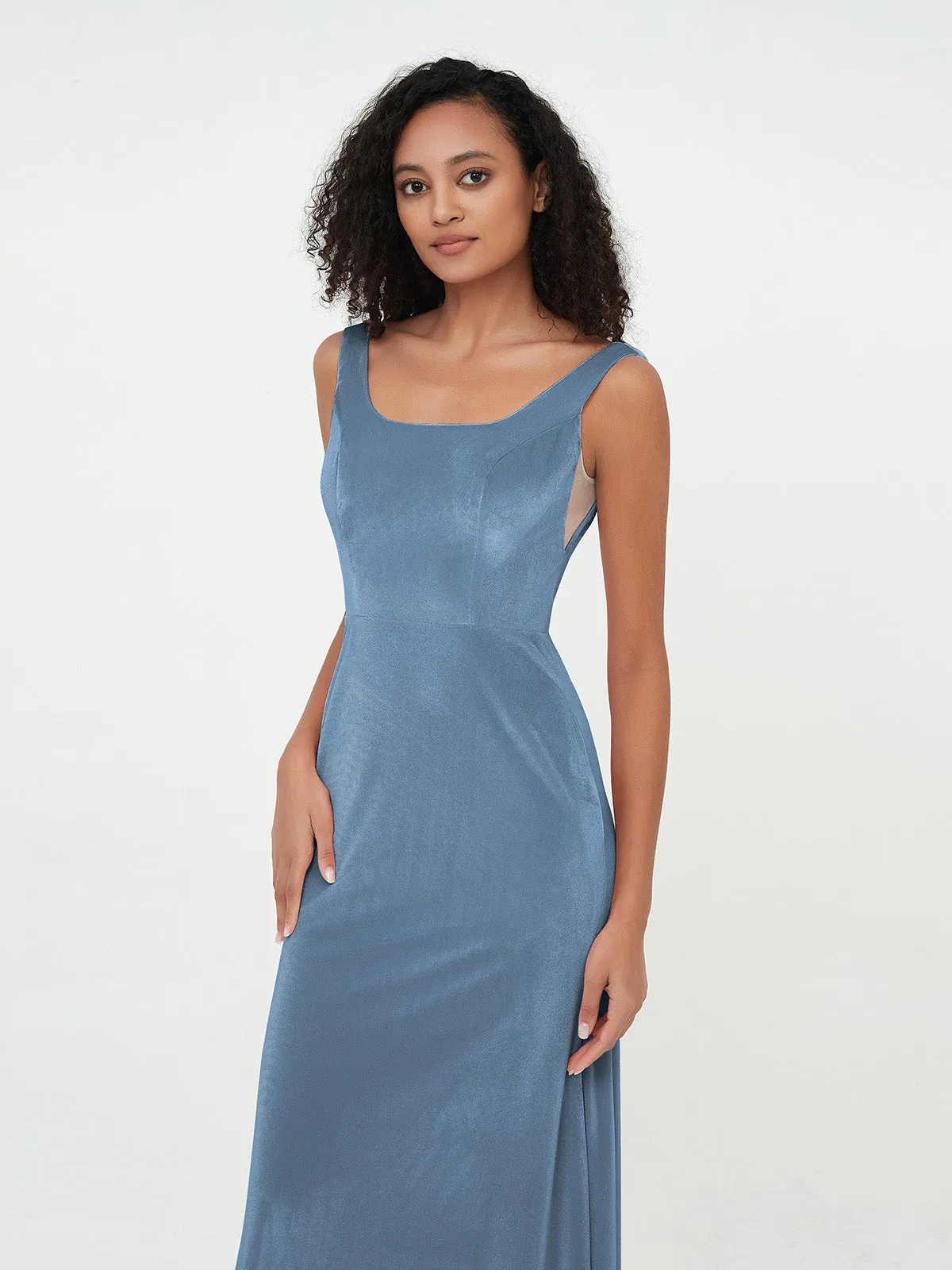 Bateau Neck Mermaid Long Velvet Dresses Slate Blue