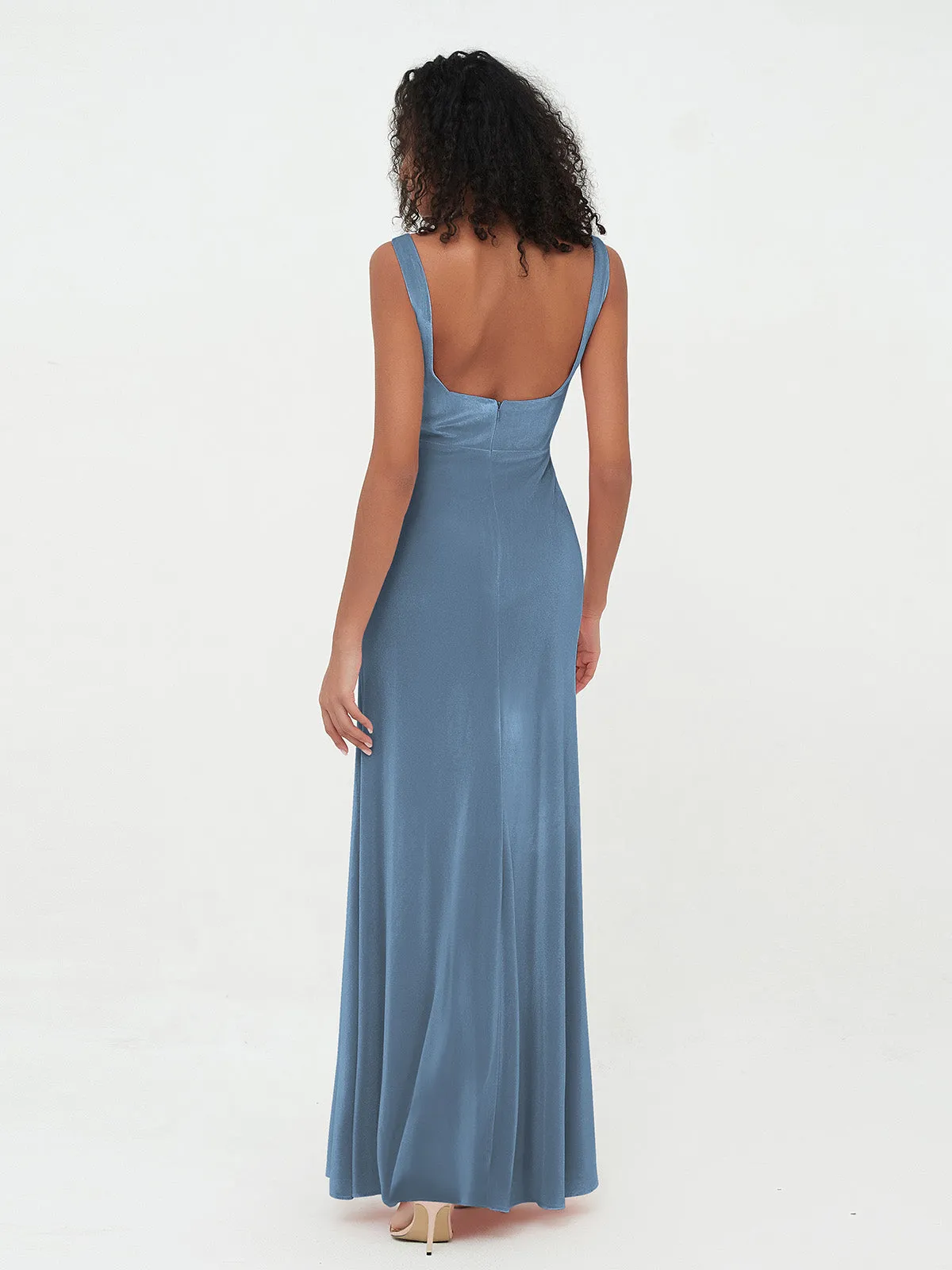 Bateau Neck Mermaid Long Velvet Dresses Slate Blue