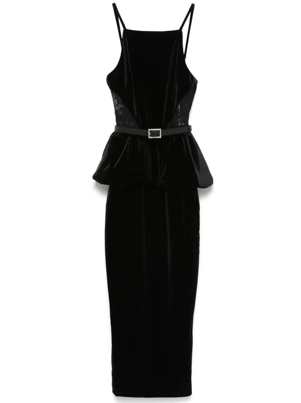 Belted Black Velvet Peplum Dress with Side-Lace Detailing