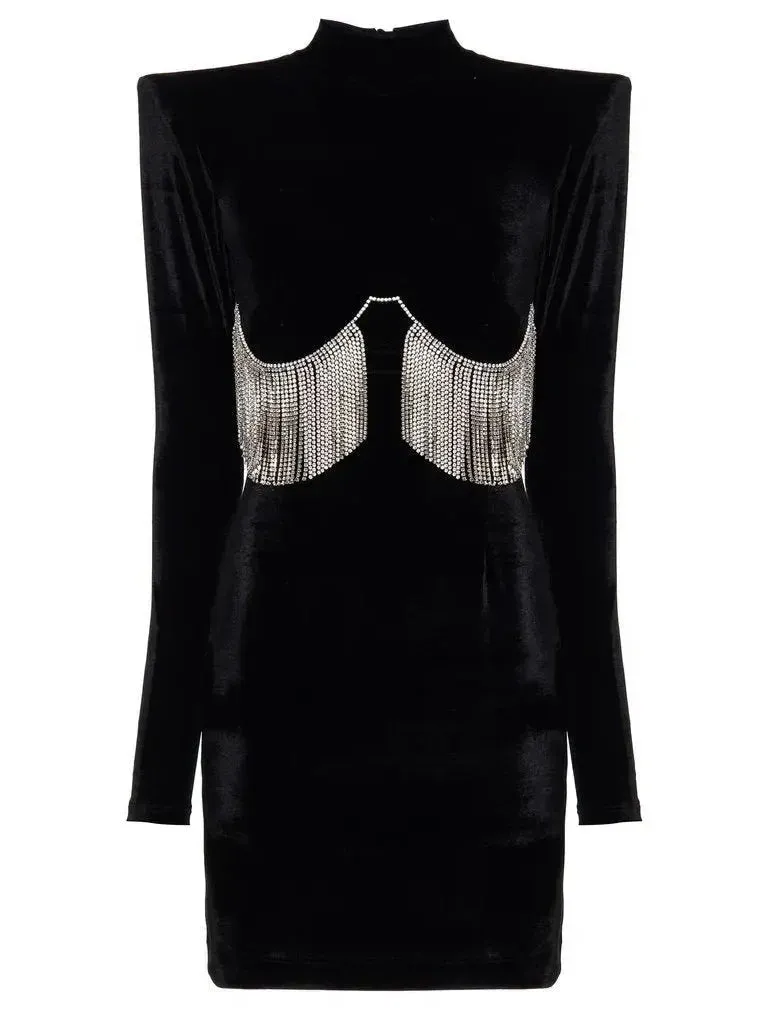 Black Velvet Crystal-Embellished Mini Dress