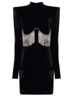 Black Velvet Crystal-Embellished Mini Dress