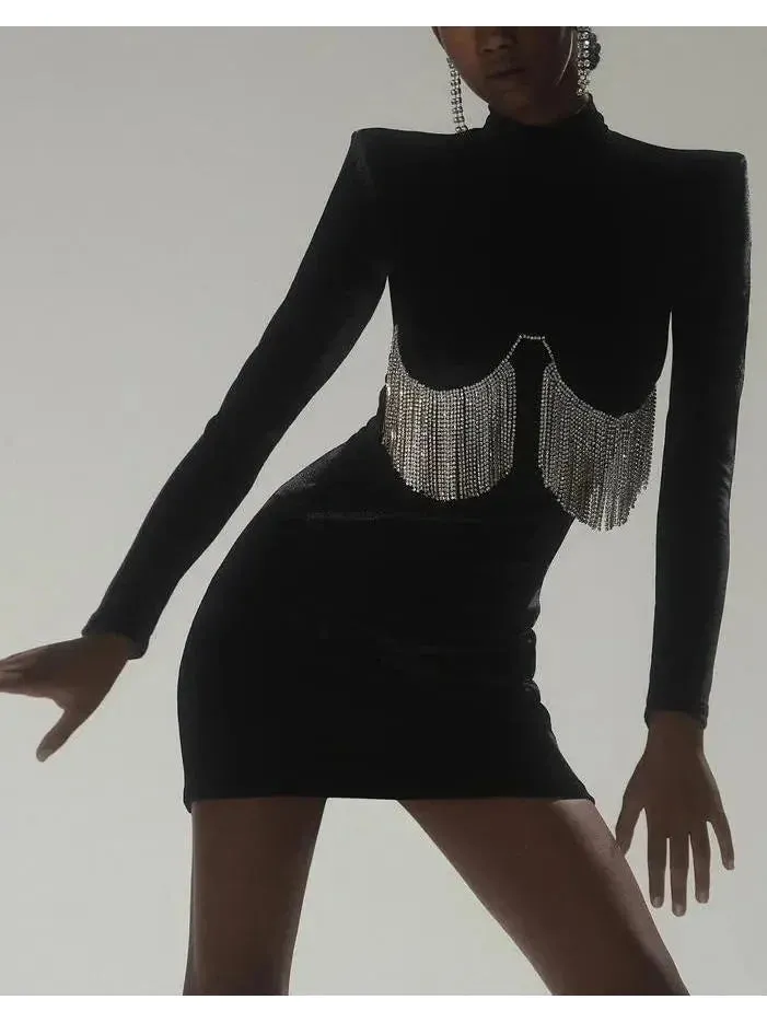 Black Velvet Crystal-Embellished Mini Dress