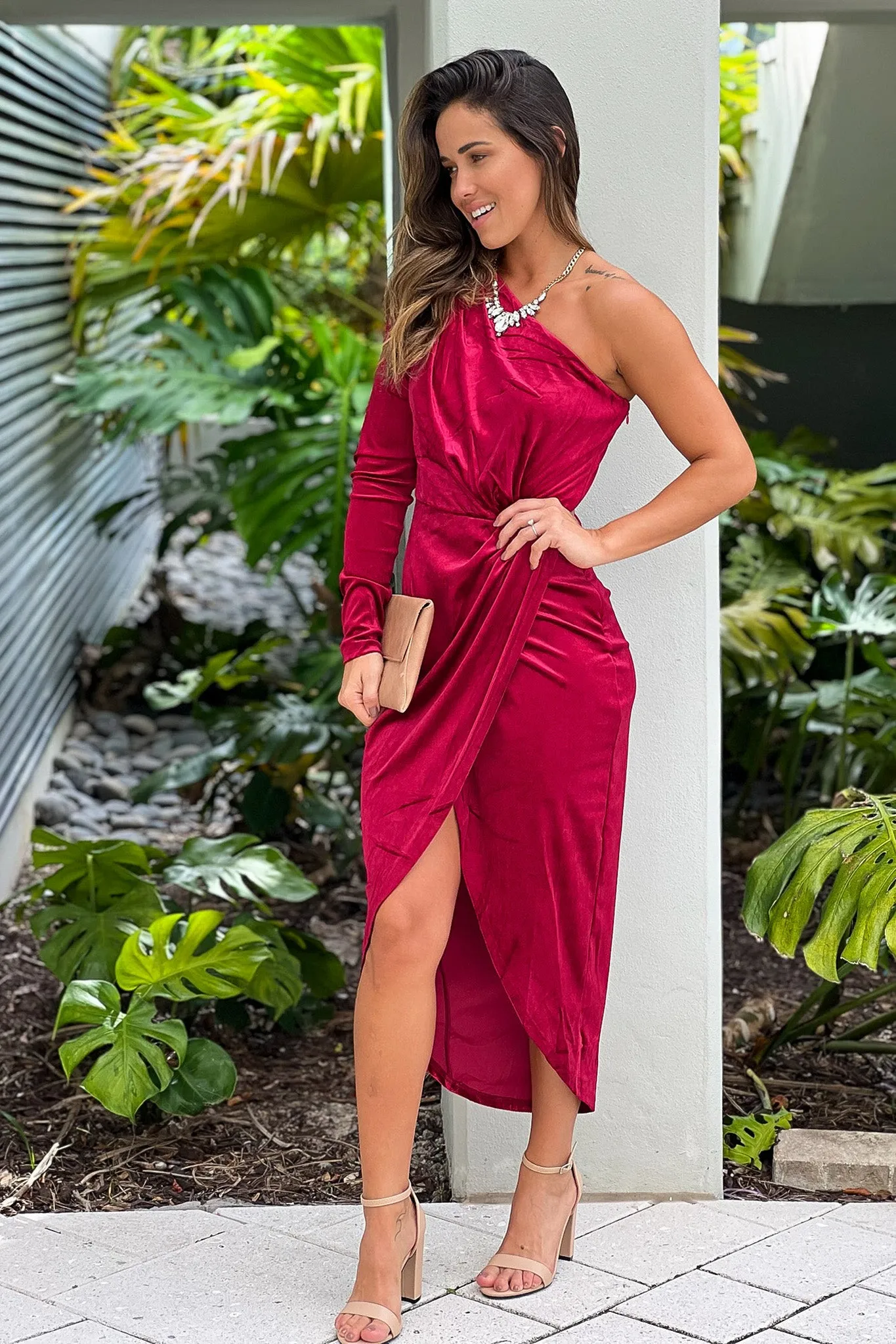 Burgundy One Shoulder Velvet Midi Dress