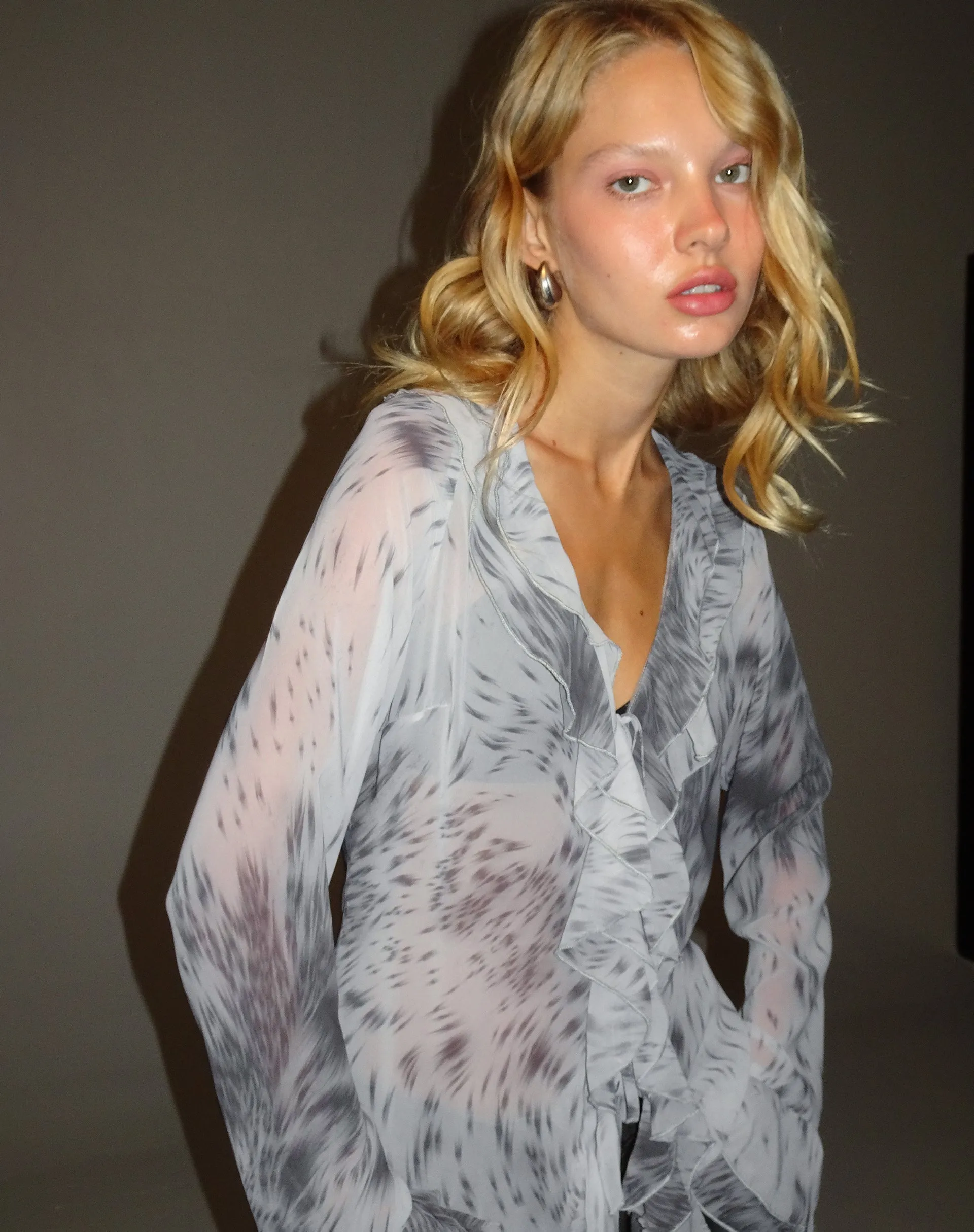 Cecelia Ruffle Detail Blouse in Distorted Animal Print