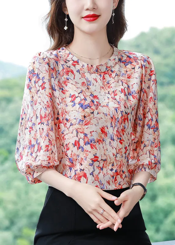 Classy Red O-Neck Print Chiffon Shirt Tops Half Sleeve LY0452