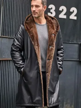 Cowhide Shearling Fur Parkas Hooded Leather Coat