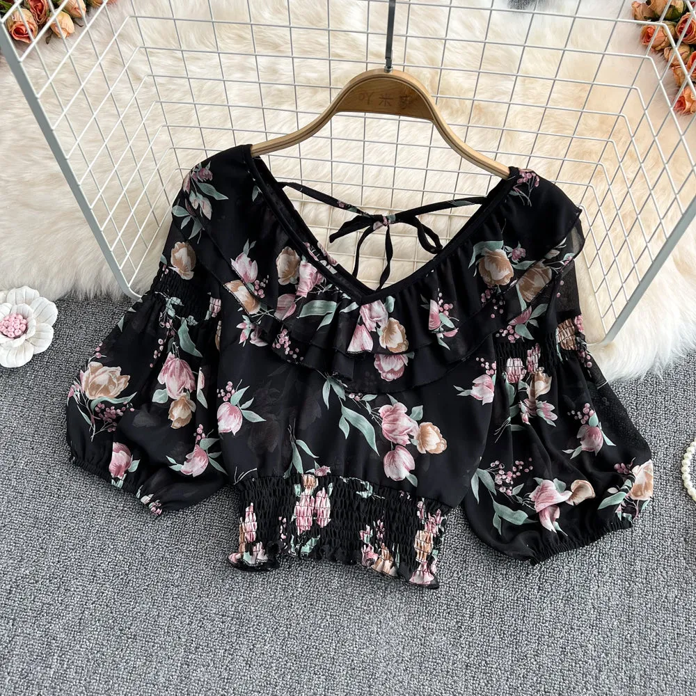 Cute v neck chiffon tops crop tops   S267