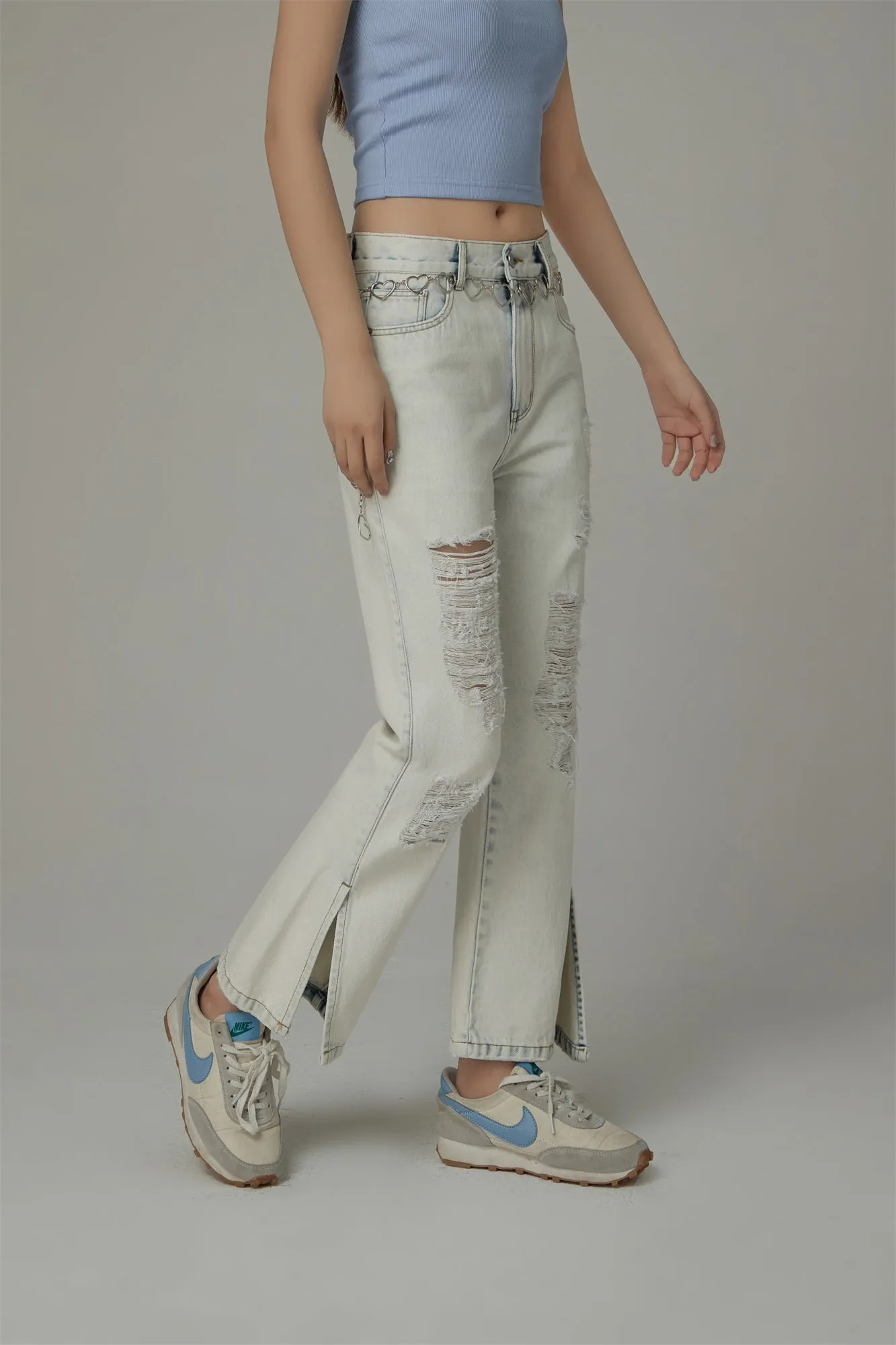 Distressed Slit Bootcut Denim Jeans