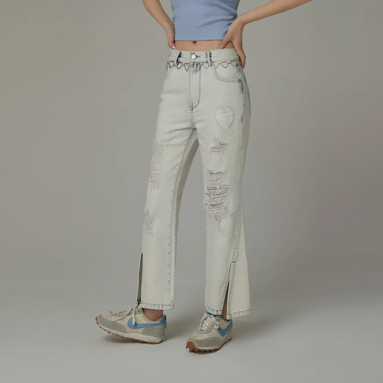 Distressed Slit Bootcut Denim Jeans