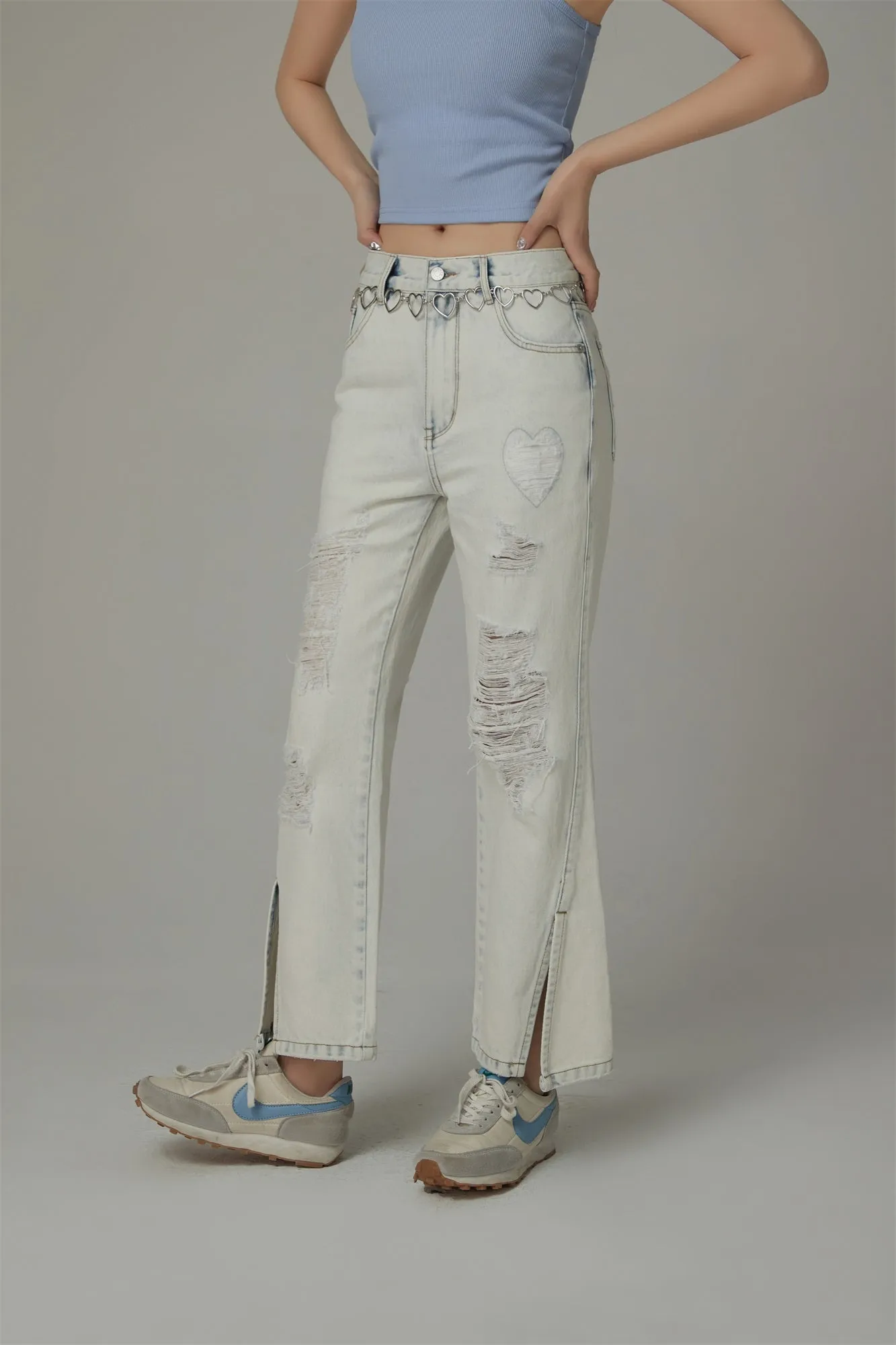 Distressed Slit Bootcut Denim Jeans