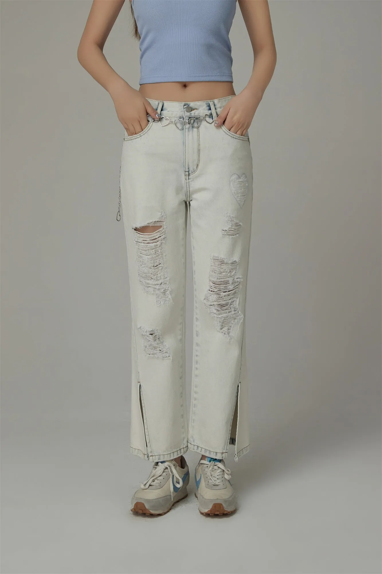 Distressed Slit Bootcut Denim Jeans