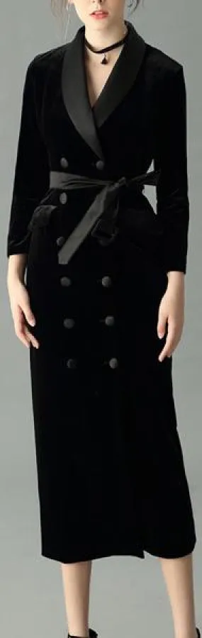 Double-Breasted Velvet Suit-Dress, Black