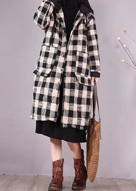 Elegant Black Plaid Parkas For Women Trendy Plus Size Coats Hooded Pockets Outwear