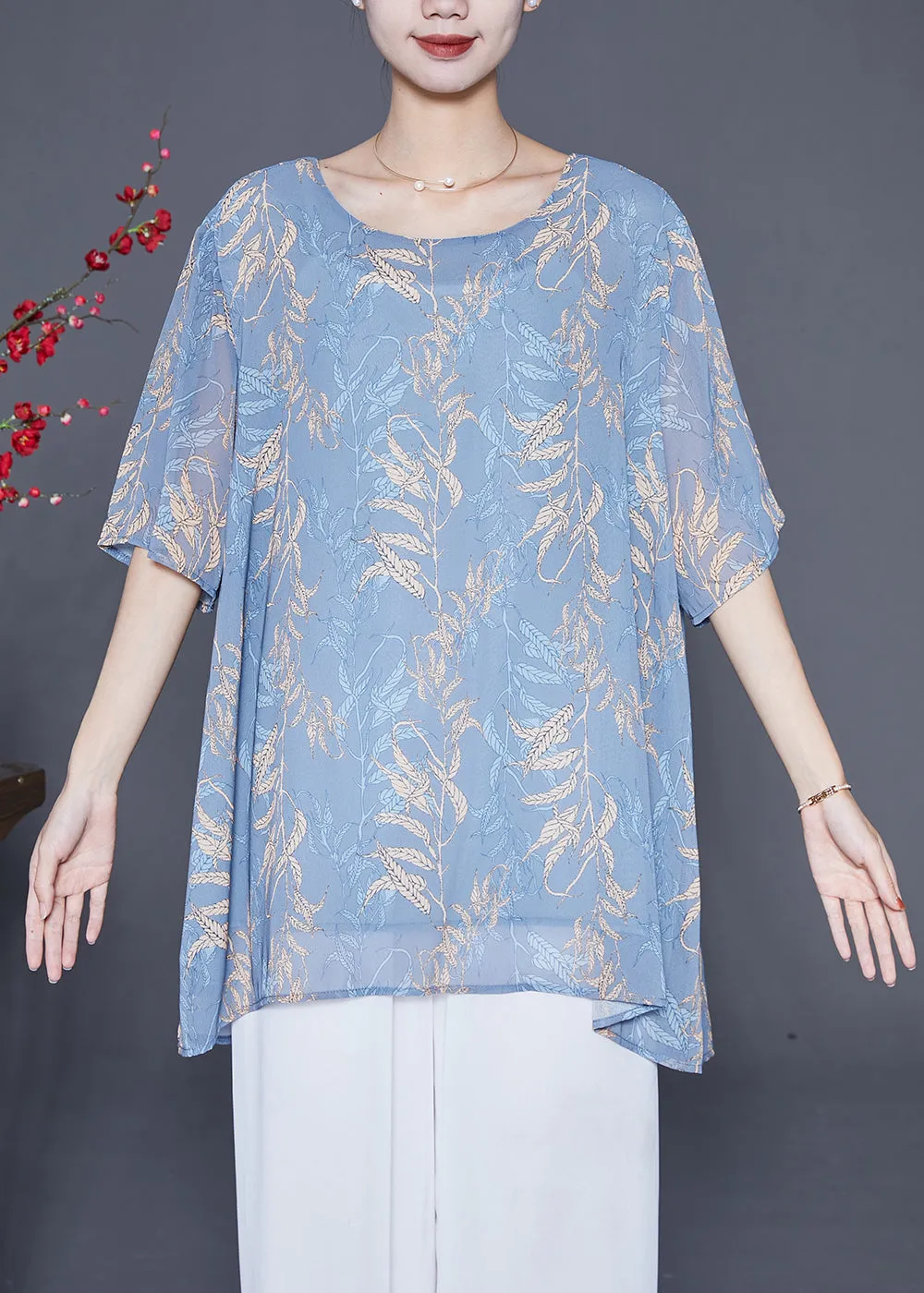 Elegant Grey Blue Oversized Print Chiffon Shirt Tops Summer LY6594