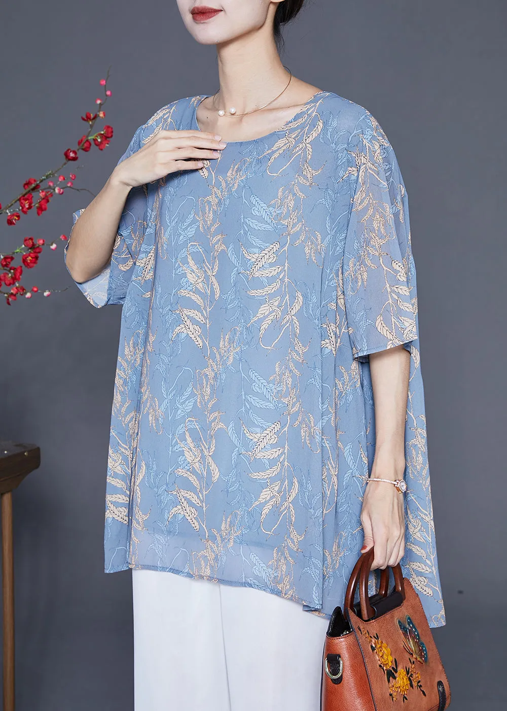 Elegant Grey Blue Oversized Print Chiffon Shirt Tops Summer LY6594