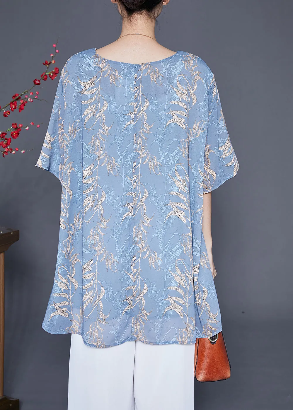 Elegant Grey Blue Oversized Print Chiffon Shirt Tops Summer LY6594