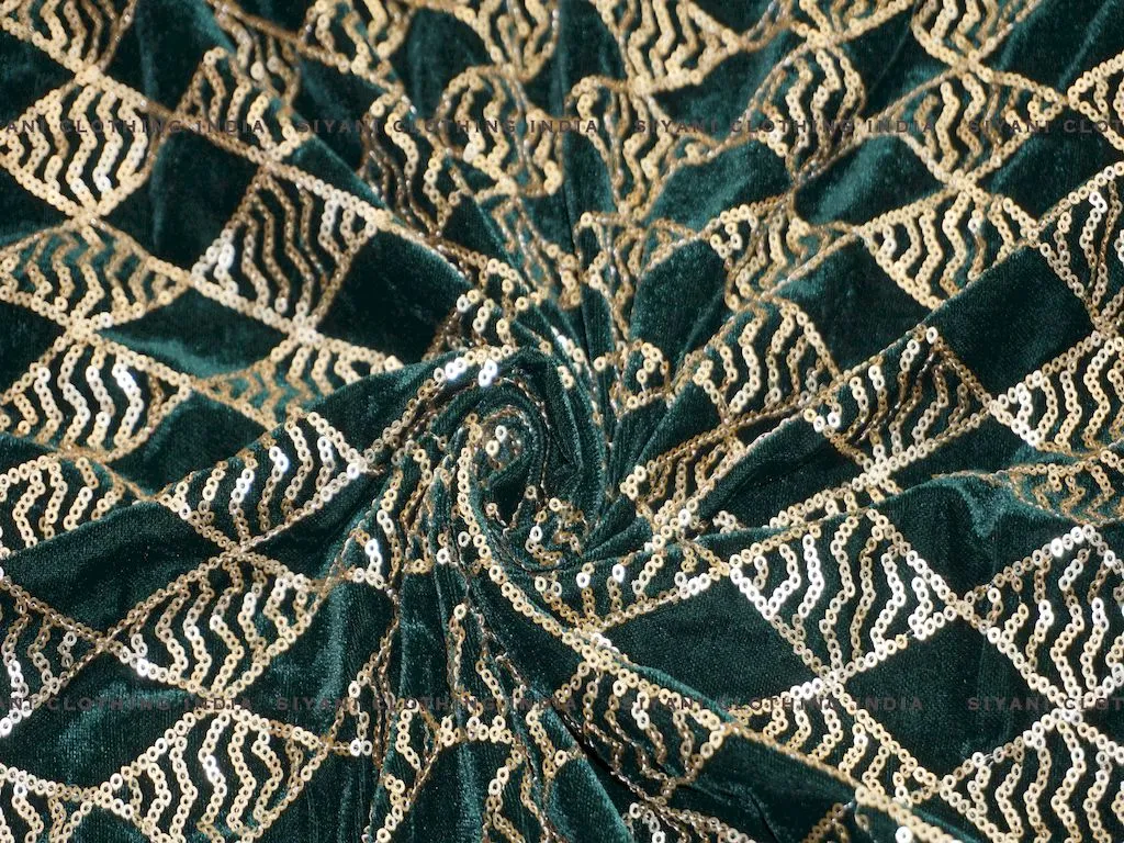 Emerald Green Sequins Geomatric Pattern Embroidered Velvet Fabric