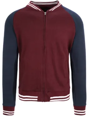 Erich Jersey Zip Through Bomber Jacket with Raglan Sleeves in Burgundy / Navy