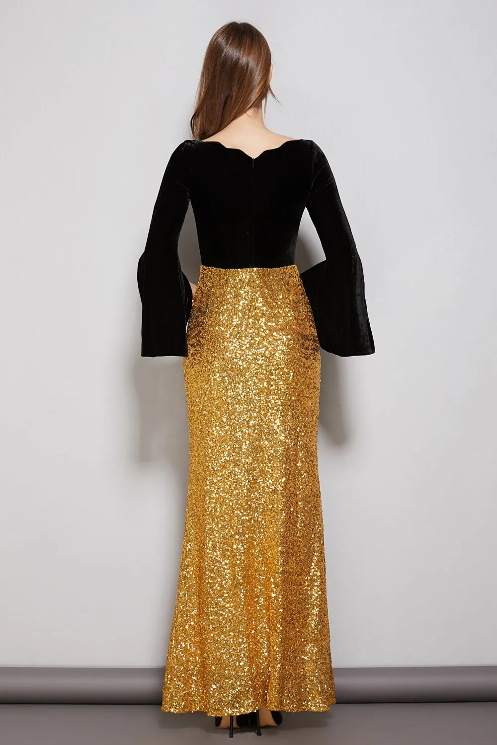 FashionSierra - Long Sleeves Velvet Bodice Patchwork Sequined Elegant Floor Length Dresses