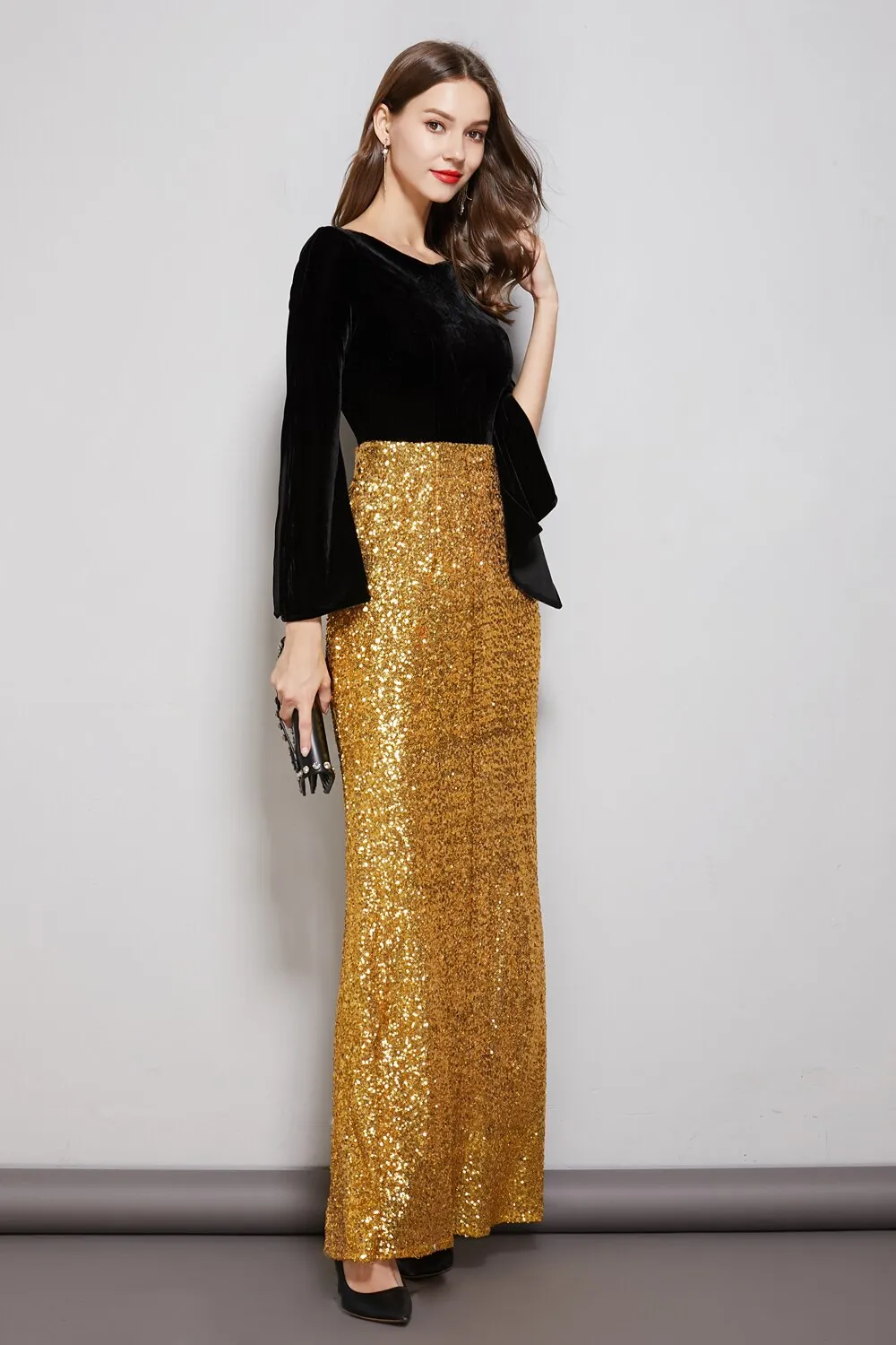 FashionSierra - Long Sleeves Velvet Bodice Patchwork Sequined Elegant Floor Length Dresses