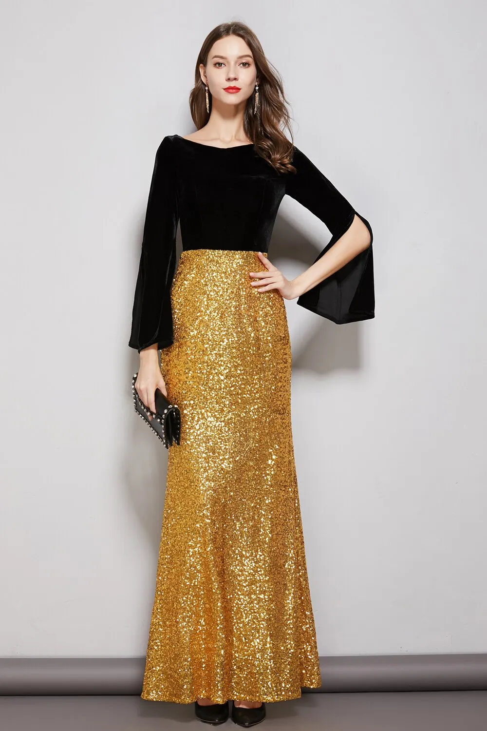 FashionSierra - Long Sleeves Velvet Bodice Patchwork Sequined Elegant Floor Length Dresses