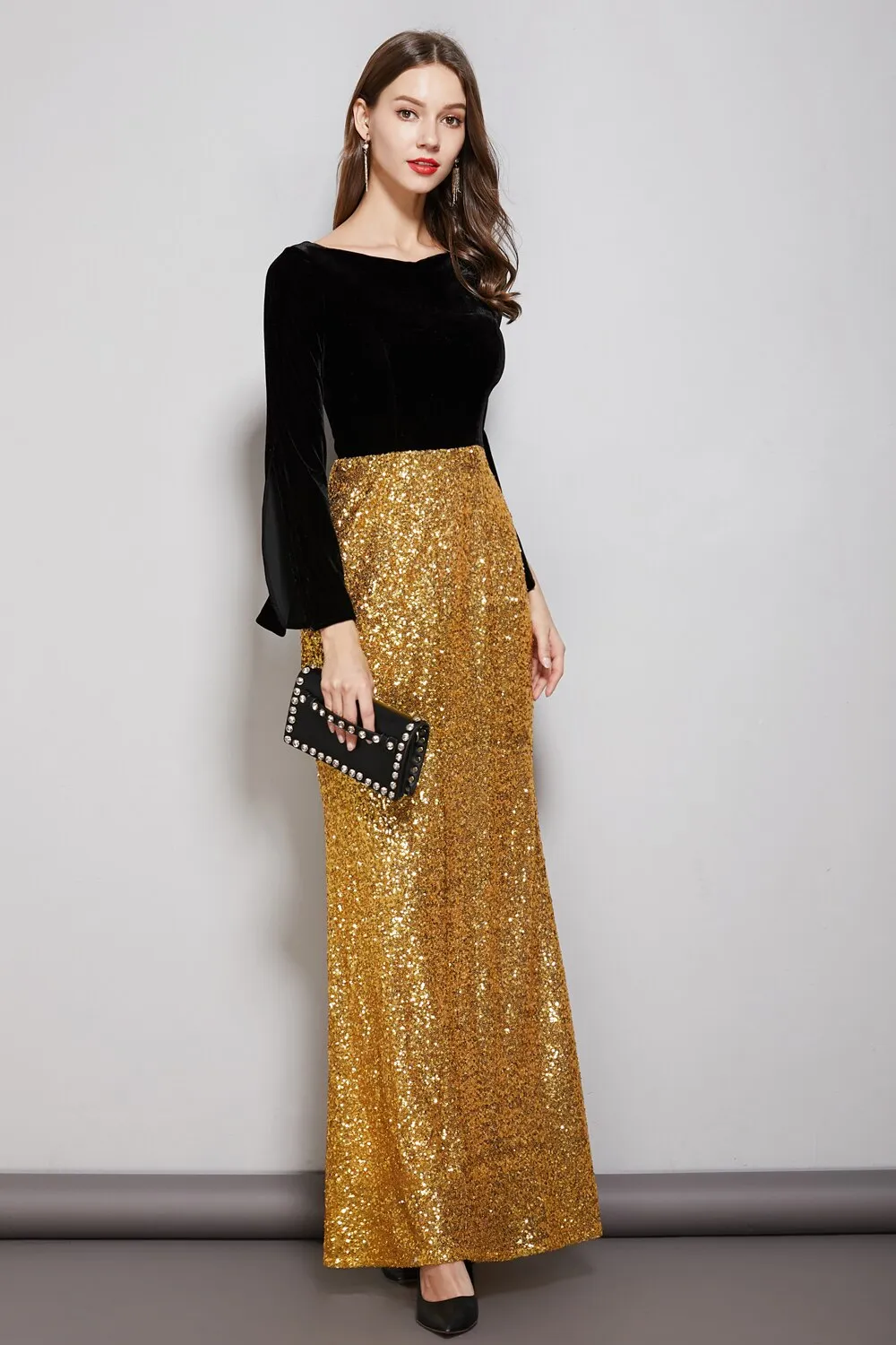 FashionSierra - Long Sleeves Velvet Bodice Patchwork Sequined Elegant Floor Length Dresses