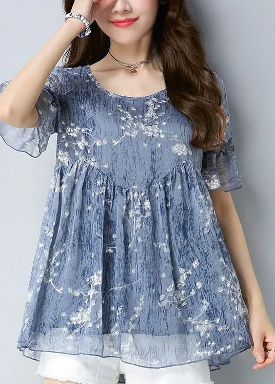 Fine Blue O Neck Print Patchwork Chiffon Shirt Tops Summer LY4603