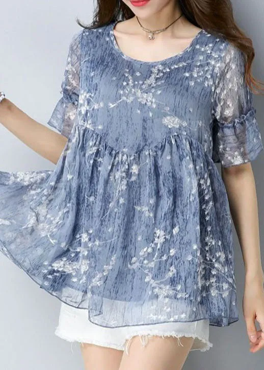 Fine Blue O Neck Print Patchwork Chiffon Shirt Tops Summer LY4603