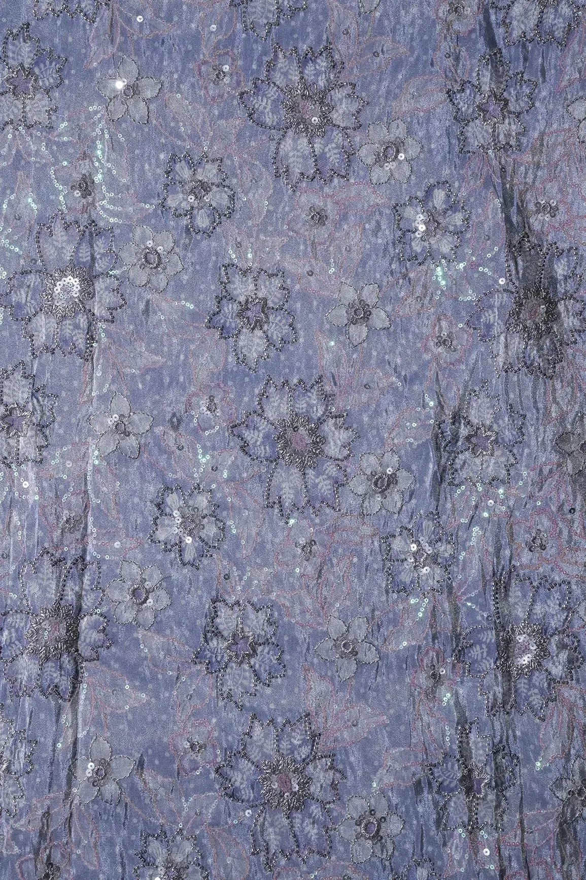 Floral Position Print On Sequins With Beads Embroidery Lilac Viscose Zari Tissue Fabric