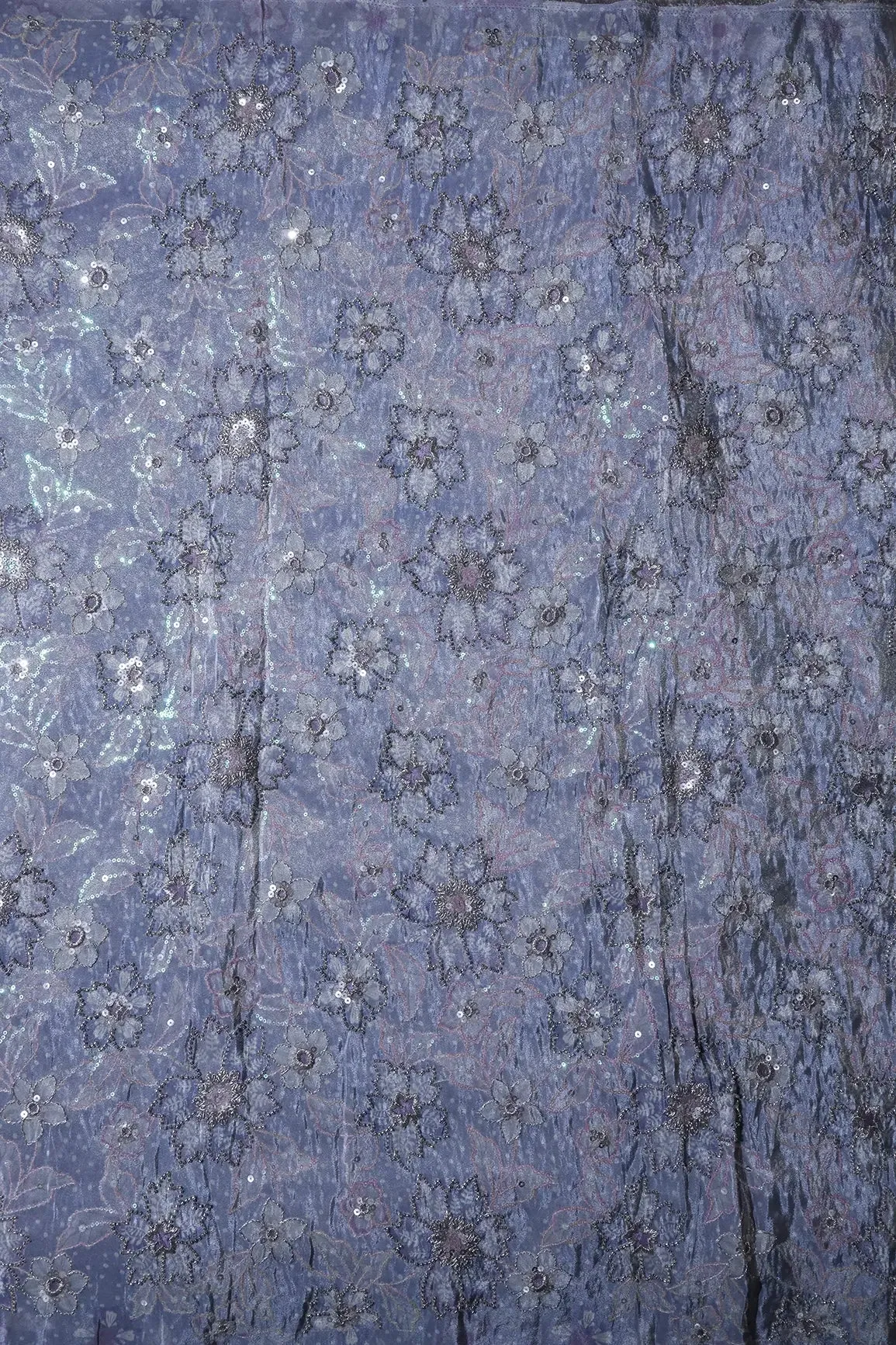 Floral Position Print On Sequins With Beads Embroidery Lilac Viscose Zari Tissue Fabric