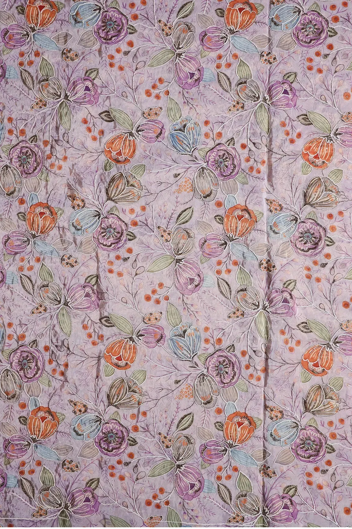 Floral Position Print On Zari Embroidery Light Lilac Viscose Zari Tissue Fabric