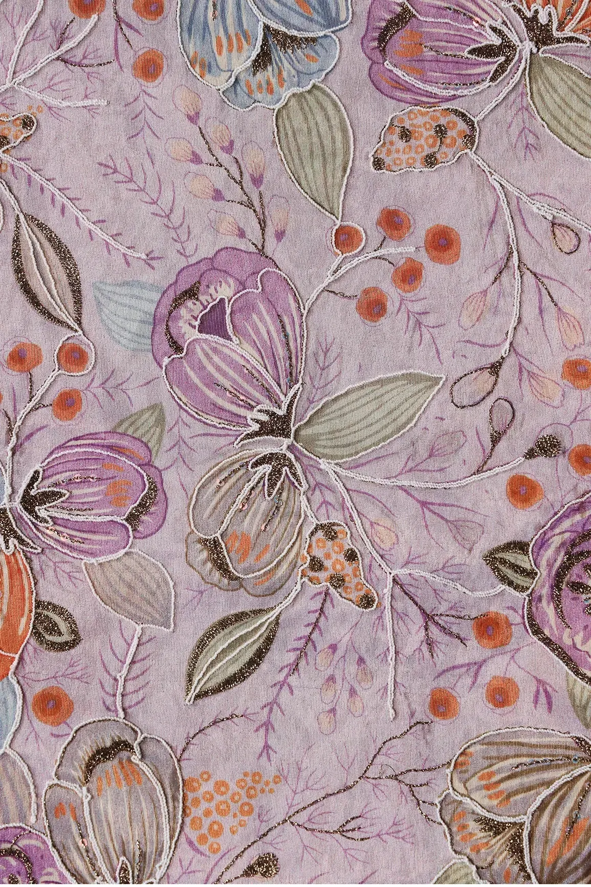 Floral Position Print On Zari Embroidery Light Lilac Viscose Zari Tissue Fabric