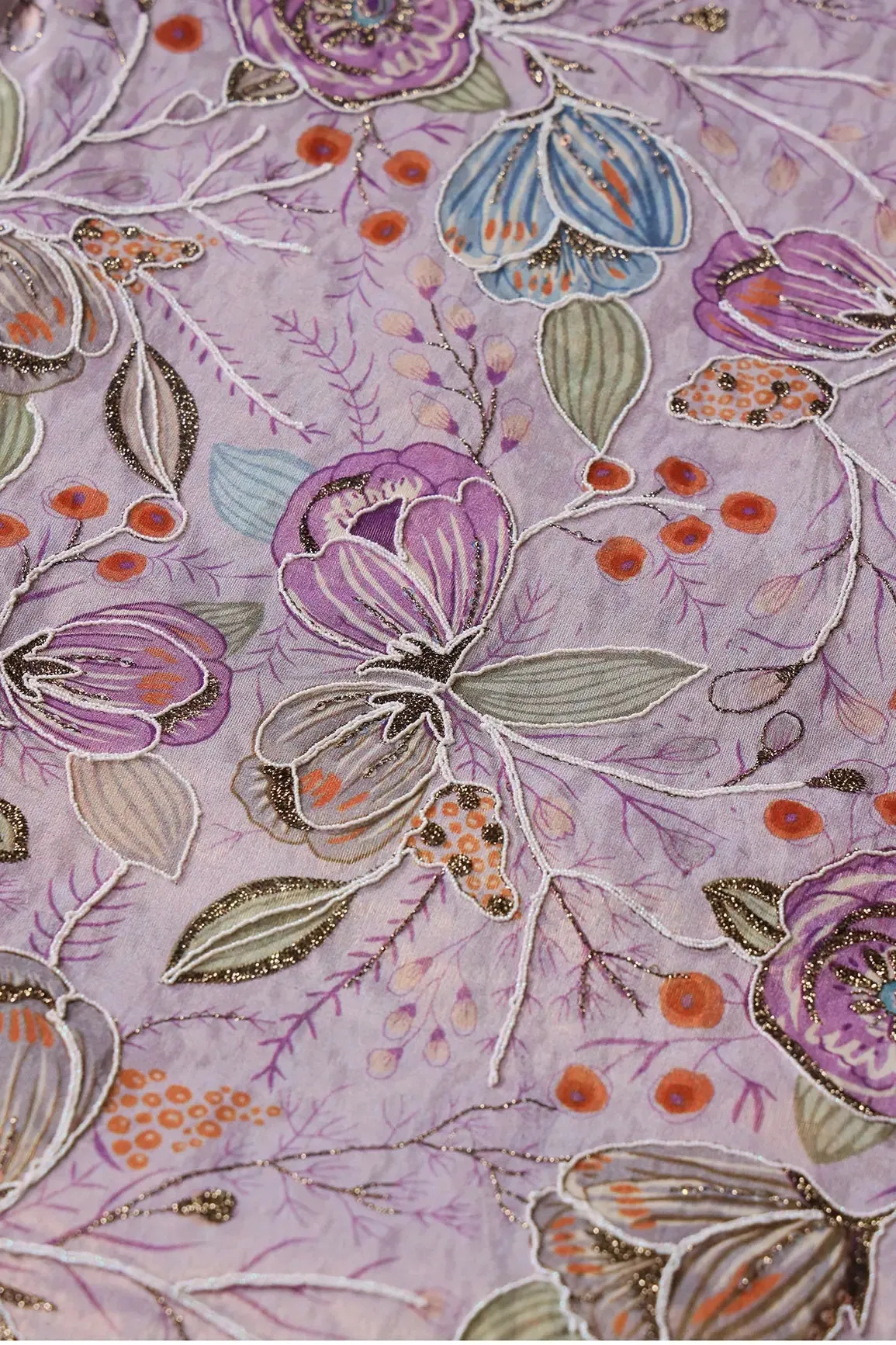 Floral Position Print On Zari Embroidery Light Lilac Viscose Zari Tissue Fabric