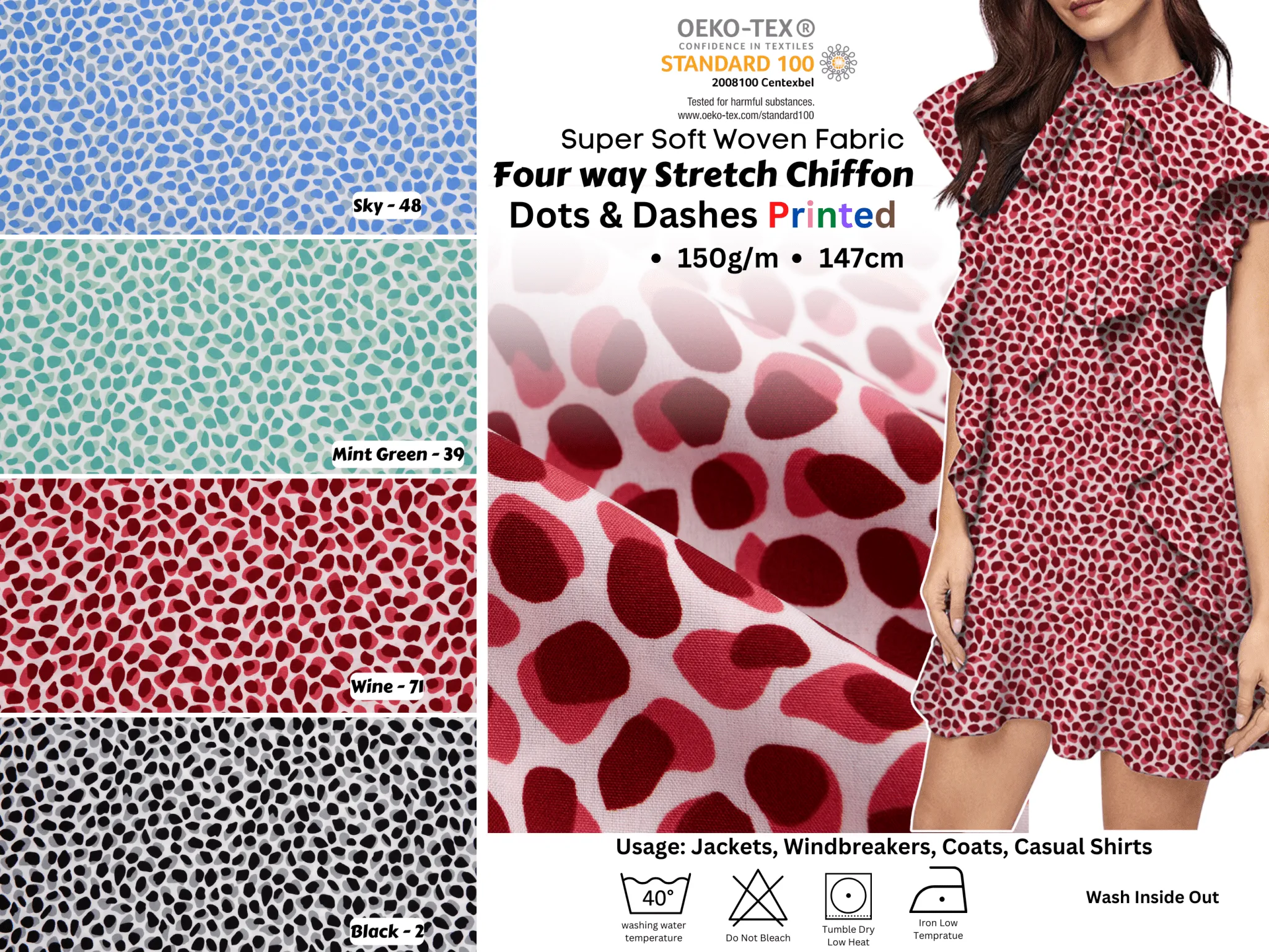 Four way Stretch Chiffon Dots & Dashes  Printed