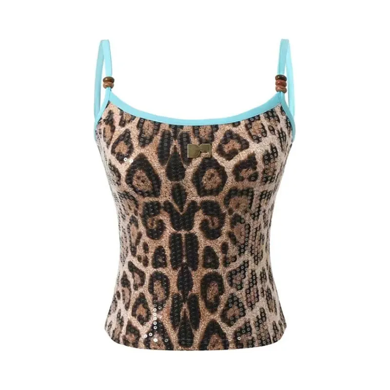 Girlary Summer Women American Vintage Y2k Gyaru Leopard Print Camisole Coquette Halter Top Grunge 2000s Aesthetic Crop Tops Streetwear