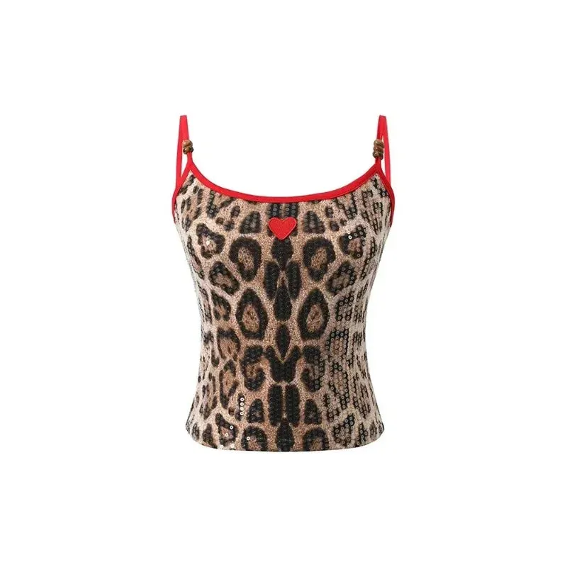 Girlary Summer Women American Vintage Y2k Gyaru Leopard Print Camisole Coquette Halter Top Grunge 2000s Aesthetic Crop Tops Streetwear