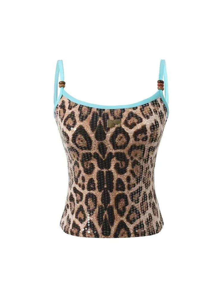 Girlary Summer Women American Vintage Y2k Gyaru Leopard Print Camisole Coquette Halter Top Grunge 2000s Aesthetic Crop Tops Streetwear