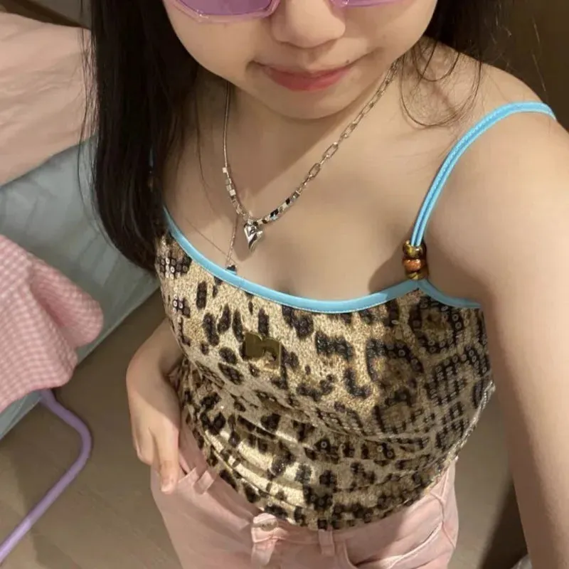 Girlary Summer Women American Vintage Y2k Gyaru Leopard Print Camisole Coquette Halter Top Grunge 2000s Aesthetic Crop Tops Streetwear